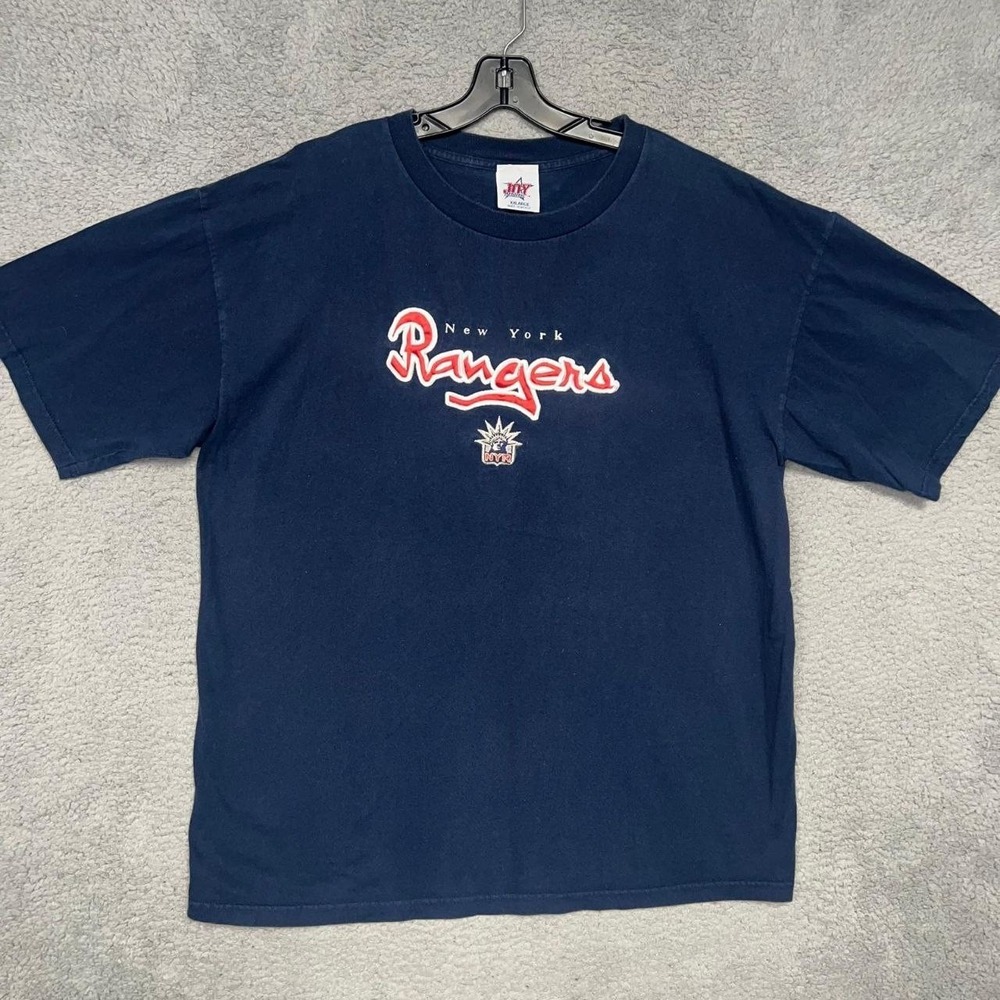 VTG Joy Atletic New York Rangers T Shirt Mens 2XL XXL Blue Embroider Script Logo